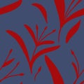 Seamless pattern with hand-drawn red plants and branches on blue background. Linen bedclothing print packaging wallpaper