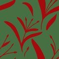 Seamless pattern with hand-drawn red plants and branches on green background. Linen bedclothing print