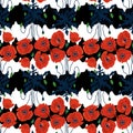 Seamless pattern with hand drawn red poppy flowers on black and white stripes background. Vector Royalty Free Stock Photo