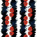 Seamless pattern with hand drawn red poppy flowers on black and white stripes background. Vector illustration Royalty Free Stock Photo