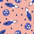 Seamless pattern with hand drawn rocket, moon and stars