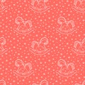 Seamless pattern with the hand drawn rocking horses is on the red background. The save with the Clipping Mask