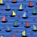 Seamless pattern with hand drawn sailing boats, anchors, fishhooks for surface design and other design projects