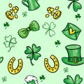 Seamless pattern with hand drawn Saint Patricks Day objects on green background Royalty Free Stock Photo