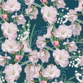 Seamless pattern with hand drawn sakura flowers with green leaves and herbs. Royalty Free Stock Photo