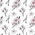 Seamless pattern with hand drawn sakura flowers. Royalty Free Stock Photo