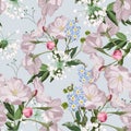 Seamless pattern with hand drawn sakura, forget-me-not flowers with green leaves and herbs. Royalty Free Stock Photo