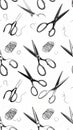 Seamless pattern with hand-drawn scissors and thread spools, a perfect background for sewing and crafting projects Royalty Free Stock Photo