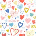 Seamless pattern with hand drawn scribble hearts and text - love, xoxo. Creative love texture. Vector