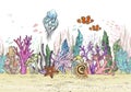 Seamless pattern with Hand drawn sea anemones coral reef, oceanic animal.