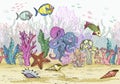 Seamless pattern with Hand drawn sea coral reef, oceanic animal.