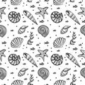Seamless pattern, hand-drawn sea creatures in sketch style. Shells and seaweed. White background. Isolated. Summer Royalty Free Stock Photo