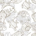 Seamless pattern with hand drawn sea fish and shells. Vector illustration. Page of coloring book Royalty Free Stock Photo