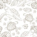 Seamless pattern with hand drawn sea fish and turtles. Sea wallpaper. Vector illustration.Page of coloring book Royalty Free Stock Photo