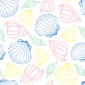 Seamless pattern of hand drawn sea shells, oysters, conches. Marine outline illustration of multicolored shells