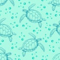 Seamless pattern with Hand drawn sea turtles. Vector with animal underwater. Illustration for wallpaper, web page background, Royalty Free Stock Photo