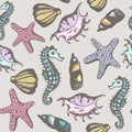 Seamless pattern with hand drawn seashells. Retro Marine background. Royalty Free Stock Photo