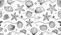 Seamless pattern of hand-drawn seashells, starfish, and wavy lin Royalty Free Stock Photo