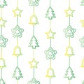 Seamless pattern with Hand drawn set of Christmas tree, toys for kids. Holidays fir-tree background. Simple textured Royalty Free Stock Photo