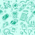 Seamless pattern with Hand drawn set of gadgets doodles in green color