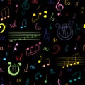 Seamless Pattern of Hand Drawn Set of Music Symbols. Colorful Doodle Treble Clef, Bass Clef, Notes and Lyre on Black. Sketch Styl