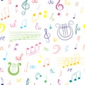 Seamless Pattern of Hand Drawn Set of Music Symbols. Colorful Doodle Treble Clef, Bass Clef, Notes and Lyre. Sketch Style. Royalty Free Stock Photo