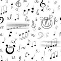 Seamless Pattern of Hand Drawn Set of Music Symbols. Doodle Treble Clef, Bass Clef, Notes and Lyre. Sketch Style