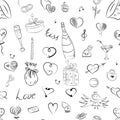 Seamless Pattern of Hand Drawn Set of Valentine`s Day Symbols. Children`s Funny Doodle Drawings of Hearts, Gifts, Rings, Balloons.