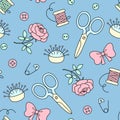 Seamless pattern with hand drawn sewing doodle. Fashion background in cute cartoon style. Needle bed, scissors, bows