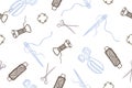 Seamless pattern with hand drawn sewing retro elements. Vector illustration hand drawn sewing tools