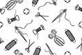 Seamless pattern with hand drawn sewing retro elements. Vector illustration hand drawn sewing tools Royalty Free Stock Photo