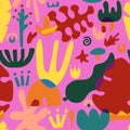 Seamless pattern hand drawn shapes. Different doodle elements and objects. Abstract colorful various leaves, flowers Royalty Free Stock Photo