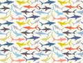 Seamless pattern of hand-drawn sharks silhouettes