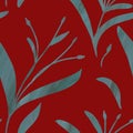 Seamless pattern with hand-drawn shining blue gradient branches on red background.