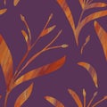 Seamless pattern with hand-drawn shining orange gradient branches on purple background. Linen, bedclothing, print, packaging, wall