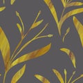 Seamless pattern with hand-drawn shining yellow gradient branches on gray background. Linen, bedclothing, print, packaging, wallpa