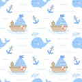 Seamless pattern of hand-drawn ship, whale and anchor. Vector image on the marine theme for a boy. Illustration for holiday, baby Royalty Free Stock Photo