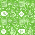 Seamless pattern with hand drawn sign. Vector white inscription zero waste and eco mesh bag.