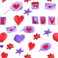 Seamless pattern. Hand drawn simpleisolated elements. Watercolor St Valentine`s Day Red and violet doodles. Love and romance. For Royalty Free Stock Photo