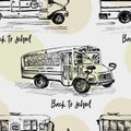 Seamless pattern with hand-drawn sketch bus, isolated background Back to school theme, education concept Black and white Royalty Free Stock Photo