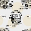 Seamless pattern with hand-drawn sketch bus, isolated background Back to school theme, education concept Black and white Royalty Free Stock Photo