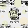 Seamless pattern with hand-drawn sketch bus, isolated background Back to school theme, education concept Black and white Royalty Free Stock Photo