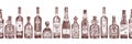 Seamless pattern with hand drawn sketch glasses bottle on white background Alcoholic drinks Wine, champagne, beer