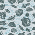 Seamless pattern of hand drawn sketch with seashells and waves. Dark green elements on light aquamarine background. Royalty Free Stock Photo