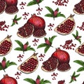 Seamless pattern Hand drawn sketch style pomegranates with seeds and leafs. Sketch style vector illustration. Organic Royalty Free Stock Photo