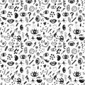 Seamless pattern with hand drawn sketched doodle elements eyes and lips, abstract background. Typography design print, vector illu Royalty Free Stock Photo