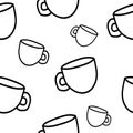 Seamless pattern with hand drawn sketchy tea and coffee cups. Coffee break tiling background. Outline drawing on a white Royalty Free Stock Photo