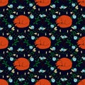 Seamless pattern with hand-drawn sleeping cute fox and flowers