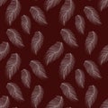 Seamless pattern with hand-drawn softness white feathers on claret background, Great for wedding decor, wrapping paper, background Royalty Free Stock Photo