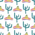 Seamless pattern with hand drawn sombrero, cactus